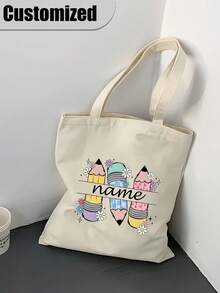 Pencil Print Polyester Custom Name Tote Bag - Casual Style, Lightweight, Open Closure, Fixed Shoulder Strap, Hand Washable, Daily Commute Bag With Printed Design, High-Capacity Travel Storage Bag