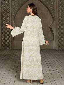 Solessence Women's Round Neck Contrast Collar Bow Decor Random Floral Print Elegant Maxi Arabic Style Dress - Apricot - View 2