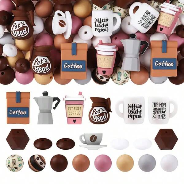 95pcs 3D Coffee Series Silicone Beads, Silicone Beads Bulk Including Coffee Cup And Coffee Bag Silicone Beads, 15mm Multicolor Round Silicone Beads And Solid Color Round Silicone Beads And 14mm Hexagon Silicone Beads And 12mm Bean Silicone Beads, For Keychain Making, Necklace Jewelry Making, Notebook DIY Crafts