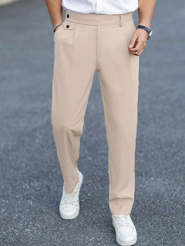 1pc Plain Casual Relaxed Fit Woven Fabric Semi-Elastic Waist Trousers, Suitable For All Seasons