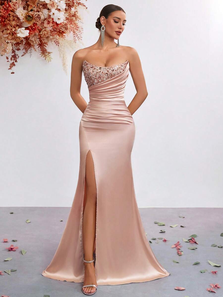 Elisanya Glittrande rynkad klänning med hög midja och knytband, lämplig för bal, fest, bankett, formell klänning, för kväll, bröllopsgäst