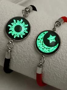 2pcs/Set Bohemian Style Glow In The Dark Sun, Moon & Star Charm Bracelets, Glass Inlaid Nylon Rope, Fashion Couples Jewelry Gift Set, Suitable For Party, Music Festival, Halloween/Christmas, Thanksgiving, Year-Round Wear