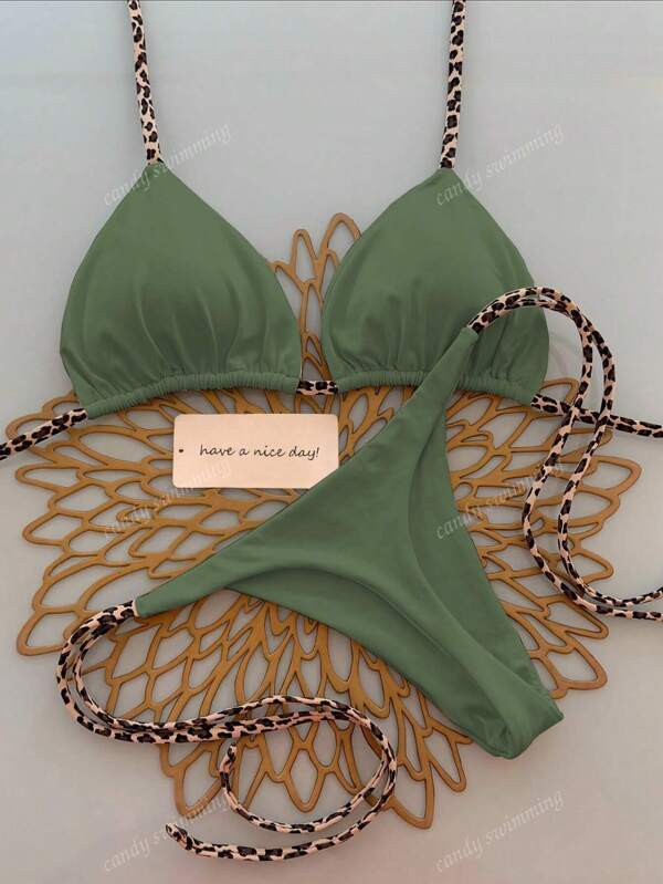 2 piezas Bikini de mujer minimalista y sexy con estampado de leopardo y ataduras de cuello