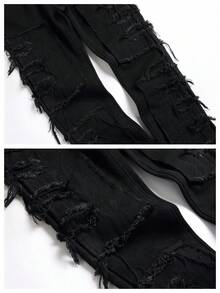 Tween Boys Stacked Distressed Jeans,Casual Fashion Slim Fit Comfortable Denim Pants,Black Fringed Patchwork Frayed Hem  Jeans For Kids,Style Hip-Hop Skateboard Pants,To 8-16 Year Old Size,Perfect For Outdoor - 黑色 - 查看 7