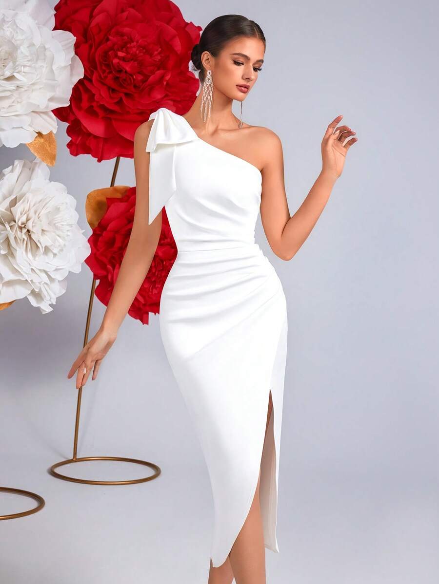 ADYCE 优雅蝴蝶结高腰褶皱开衩露背系带中长连衣裙，适合舞会、生日派对、正式晚宴、约会、返校节、婚礼宾客、鸡尾酒会等场合。 - 白色 - 查看 1
