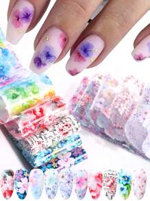 10 Folhas de Adesivos de Folha de Transferência de Unhas com Designs Florais em Aquarela Rosa e Roxo Gradiente, Papel Estrelado DIY Suprimentos para Manicure