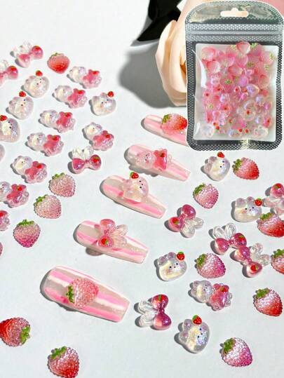 25pcs/Bag Aurora Transparent Rabbit, Strawberry Nail Art Decorations DIY, Cute Cartoon Pink Bow Printed 3D Rabbit Ear Manicure Accessories, Shiny Decor, Minimalist Fashion, Suitable For Coffin Nails, Long Nails, Oval Nails, Square Nails, Almond Nails, Phone Case Decor, Crafts Design