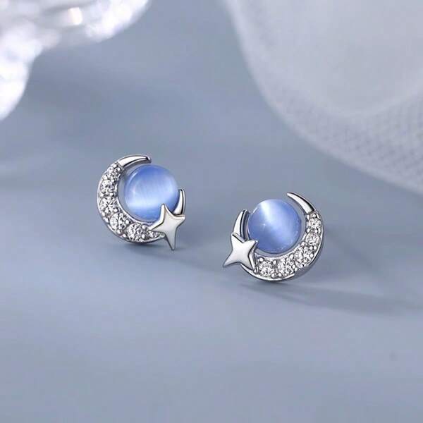 1 Pair S925 Silver Blue Moon & Star Stud Earrings With S999 Sterling Silver Earring Pins, Hypoallergenic, Suitable For Daily Wear And Party Outfits
