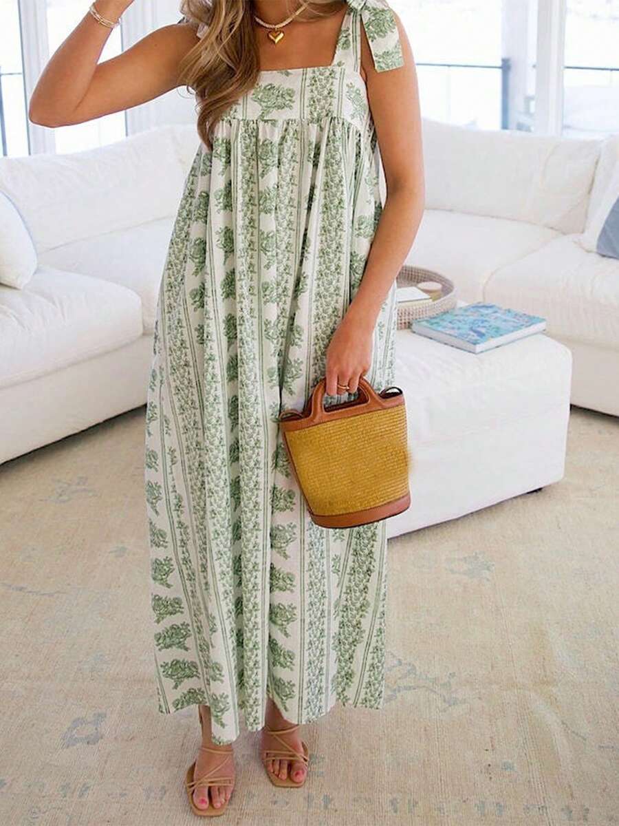 Women Boho Tie Shoulder Loose Long Maxi Dress Floral Print Square Neck Summer Beach Sundress - 綠色 - 查看 1