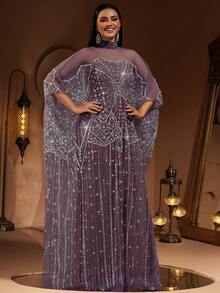 New Luxury High-End Sequin, Sequins & Lace Patchwork Elastic Underlayer Women's Elegant 2 Pieces Turkish Robe Dress (Size Runs Large, Customers Advised To Check Size Chart When Ordering) - 紫灰色 - 查看 4