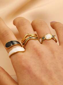 3 件套时尚不对称黑白双色不锈钢戒指套装，时尚设计适合女性日常佩戴 - 彩色 - 查看 2