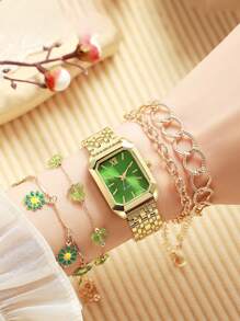 5pcs/Set New Elegant Minimalist Roman Numeral Rectangular Octagon Green Dial Ladies Watch With Floral Bracelet Set, Mother's Day Gift