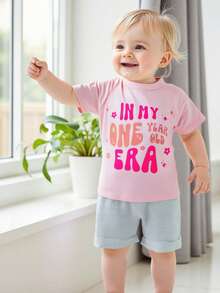 Baby Girl 1st Birthday Outfit Letter Print Short Sleeve Round Neck Tops With Solid Color Shorts 2Pcs Set - 粉色 - 查看 1