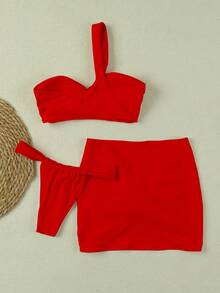 Sexy One-Shoulder Red Women's Bikini Swimsuit - Red - View 3