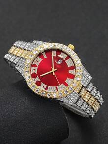 Set de 3 relojes de pulsera de acero inoxidable para hombre con esfera de escala romana, decorados con rhinestones, de estilo empresarial casual de cuarzo, no incluye caja de reloj - Multicolor - Ver 7