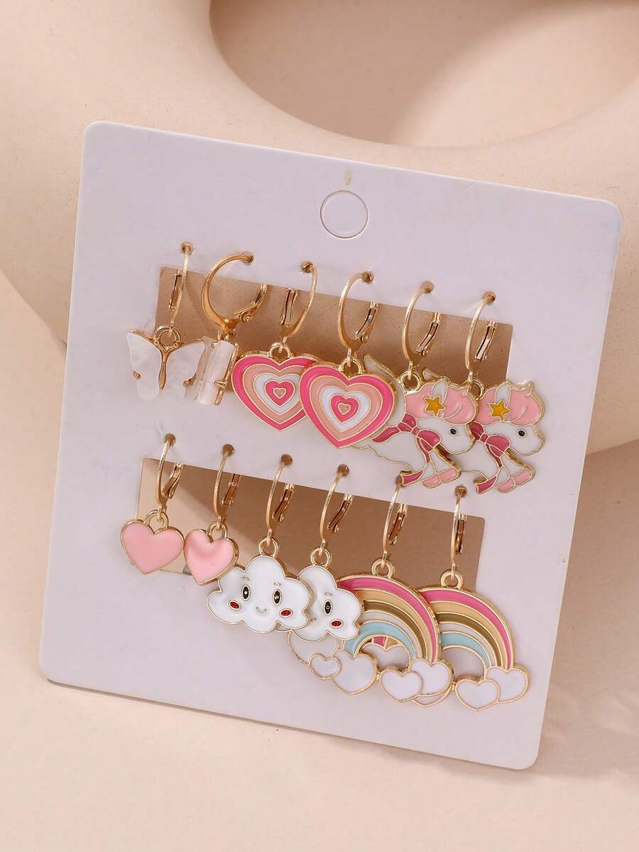 6 Pairs/Set Girls Unicorn Cloud Heart Oil Drop Earrings Set Combination Suitable For Daily Decoration - Multicolor - View 1