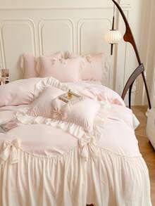 3 件套公主风格蕾丝床上用品套装，白色蝴蝶结装饰羽绒被套和枕套（无填充物） - 粉色 - 查看 8