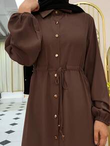 Women's Fashion Turndown Collar Solid Color Long Sleeve Dress, Loose Long Dress Spring - Coffee Brown - View 4