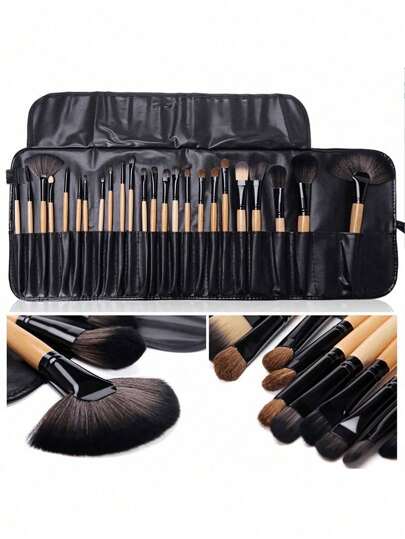 24pcs/Set Professional Makeup Brushes Set, Natural Wood Color Makeup Brush Set With Brush Holder, Cosmetic Beauty Tools
