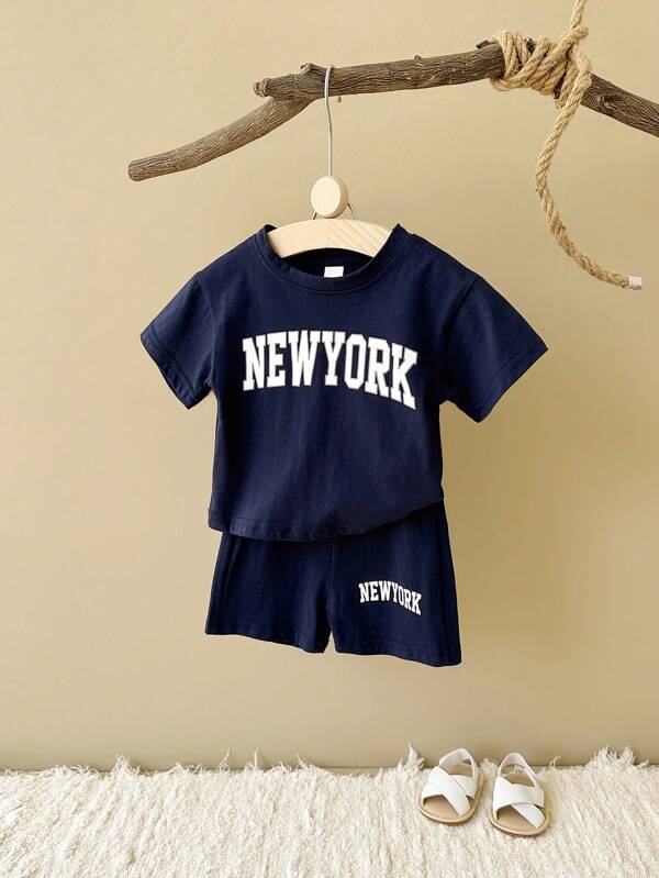 2 pièces/Set T-shirt à manches courtes gris décontracté avec impression de lettre + shorts pour bébé garçon, pour l'été