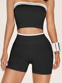 TCVC Women's Seamless High Waist Striped Stitching Elastic Shorts, Peach Butt Shaping Solid Color Sports Tight Shorts, Versatile For Running, Yoga, Gym, Outdoor - Black - View 2