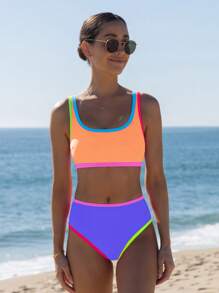popvil Sporty Color Block Cutout Back Strappy Tank Bikini Set