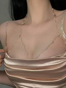 1 件性感人造珍珠胸链，时尚海滩/派对珠宝，迷人女士配饰套装，狂野 - 金色 - 查看 3