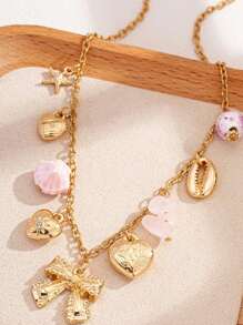 1pc Vintage Love Bow Charm Necklace Ocean Series Multi-Pendant Choker For Women Party Accessories Birthday Gift