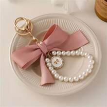 1pc Faux Pearl Beaded Bracelet, Keychain, Phone Lanyard, Cute Bowknot Keyring, Wallet Charm, Earphone Case Accessories, Women Daily Use, Gift