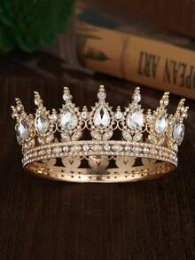 1pc Red & Gold Bridal Crown, Golden Headpiece, Crystal Princess Crown, High-End Adult Birthday Tiara Valentine's Day Accessories - Multicolor - View 3