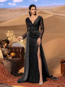 Faeriesty Haute Glamour Luxury Beaded Formal Dress With Deep V-Neck & Sheer Sleeves – Intricate Sequin Accents, Fitted Silhouette & Dramatic Side Slit For Red Carpet Glamour & High-End Events Party Wedding Elegant - Black - View 4