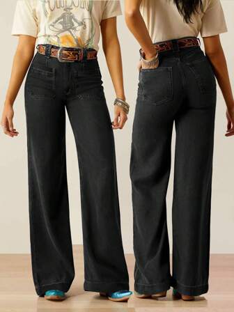 Jeans droits amples décontractés polyvalents à poches longues pour femmes