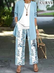 Plus Fall Clothes Three Pieces Color Blocked Printed Set Long Sleeve Cardigan & Tank Top & Long Pants Women Outfit Sets - Baby Blue - View 1