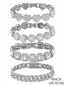 1 Stück/4 Stücke Hiphop Armband für Herren und Damen, rundes oder quadratisches Herz mit voll besetzten Strass, mehrlagige Ketten-Armband Set in Gold und Silber, funkelnde Eisenkette Metall Miami Armband Schmuck zum Valentinstag