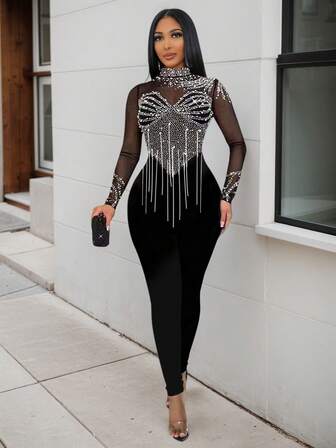 Women's Rhinestone & Pearl Decor Sheer Sexy Jumpsuit With High Collar & Long Sleeves