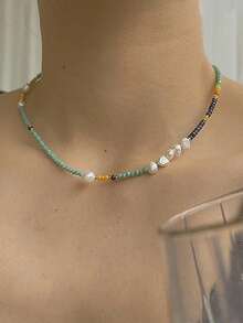 Fashionable Spring/Summer Green Crystal & Natural Pearl Choker Necklace, Elegant Design (Natural Pearl Shape Random) - Multicolor - View 9