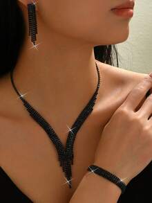 Bộ trang sức 4 món dành cho nữ gồm dây chuyền, bông tai và vòng tay, thích hợp làm quà tặng Ngày của Mẹ, dự tiệc, cô dâu, Lễ Tạ ơn và Ngày Valentine. - màu đen - Xem 2