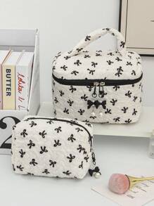 1 Black & White Color Matching Cosmetic Bag With Bow Pattern, Multifunctional Makeup Storage Bag