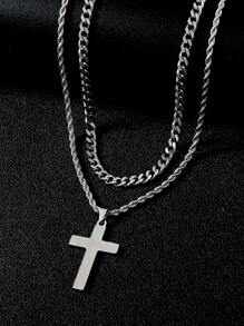 Set de 2 collares con colgante de cruz de acero inoxidable de doble capa, estilo punk y hip-hop para hombres