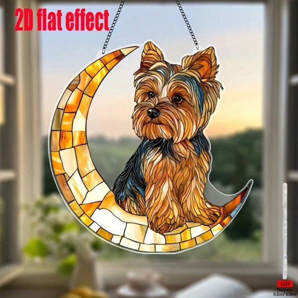 1 pieza Colgante acrílico plano 2D de Yorkskire Terrier en la luna, atrapasol para jardín, varios estilos disponibles de señalización acrílica, decoración con temática de mascotas para sala de estar, dormitorio, decoración romántica, regalo perfecto para amantes de los perros, amigos, familia, entusiastas de las mascotas