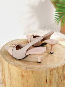 Fabric Beige Pointed Toe Strap PU Mix Design Buttons & Elastic Back Fashionable Versatile Stiletto High Heel Shoes - Beige - View 6