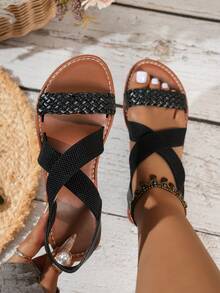 2024 Women's Criss-Cross Elastic Strap Beach Sandals, Essential Summer Casual Vacation Shoes - Black - View 2