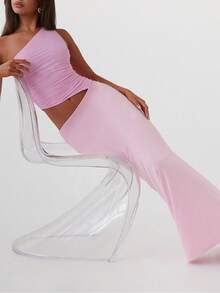 Women's One Shoulder Cutout Maxi Dress Sleeveless Backless Ruffle Long Dresses Sexy Bodycon Cocktail Sundress - 粉色 - 查看 5