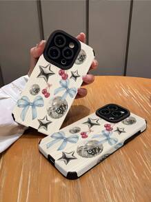 1pc Simple Glitter Ball & Cherry Patchwork Striped Faux Leather Shockproof Soft Phone Protective Case Compatible With Apple/ 16/16Plus/16Pro/16ProMax Waterproof Anti-Fall Scratch Resistant