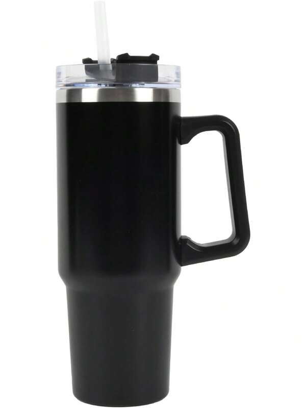 1 pieza Taza de vidrio con aislamiento al vacío de acero inoxidable de 40 onzas, con asa, tapa y pajita, doble pared negro/blanco