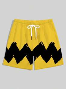 1pc Plus Size Men's Casual Beach Shorts, Loose Fit, Black Wavy Pattern Print, Quick-Dry, Suitable For Everyday Outdoor Vacation, Summer, Hawaiian