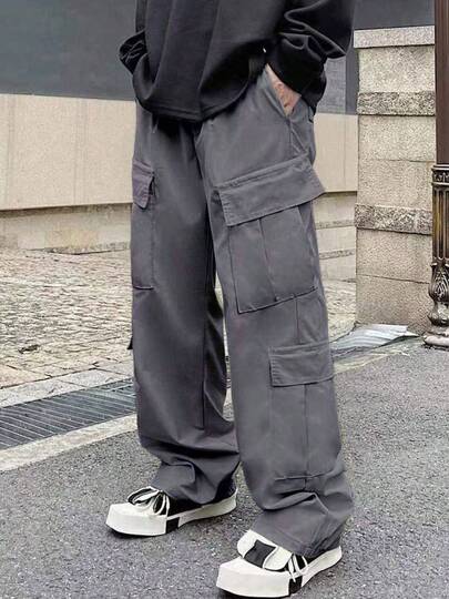 Pantalones de trabajo multibolsillos de color sólido para hombre Cintura con cordón Street style
