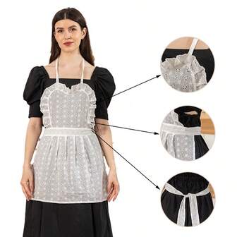 1 pieza Delantal largo de encaje blanco, delantal con pechera de encaje ajustable y transpirable para cocinar, hornear, pintar, unisex para chef, blanco