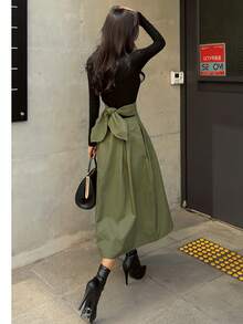 Falda larga de cintura alta para mujer, con lazo frontal, acampanada, con bolsillos, para mujer - Verde - Ver 6