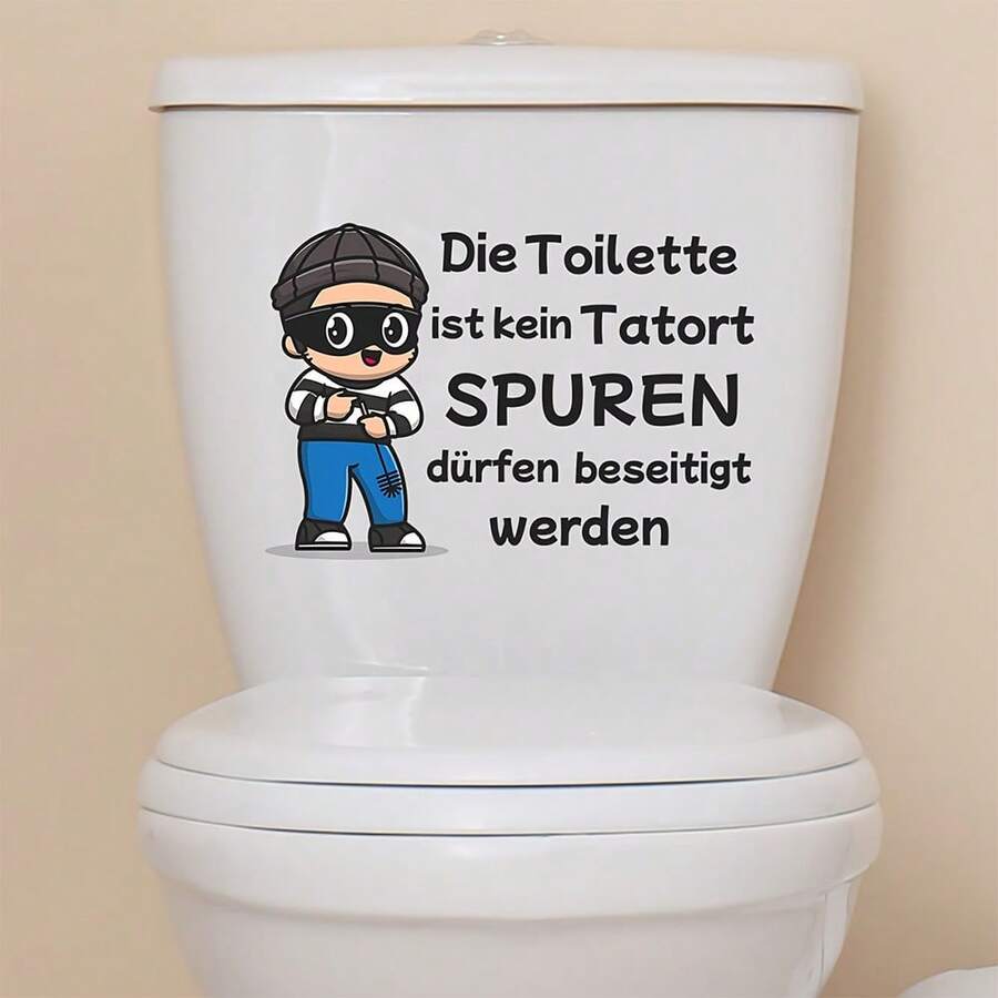1 pieza Pegatina divertida para asiento de inodoro alemán - "El inodoro no es una escena del crimen" Adhesivo de vinilo extraíble para pared de baño, gráfico de ladrón de dibujos animados, compatible con superficie blanca, accesorio de decoración de baño, organizador de baño, decoración de baño Verano Vuelta al cole